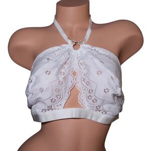 Savage X Fenty White Eyelet Halter Bralette Keyhole Floral Charm NWT XL